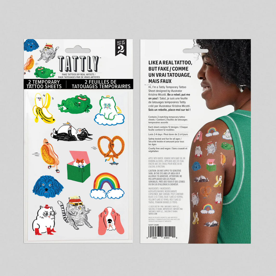 Tattly temporary tattoo sheets with colorful designs and a person wearing tattoos on a gray background.