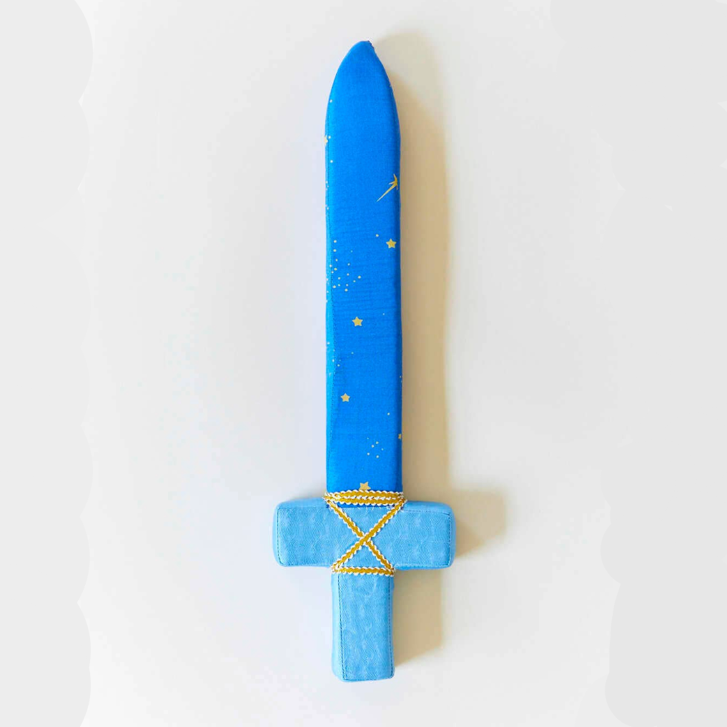 Blue toy sword on a white background