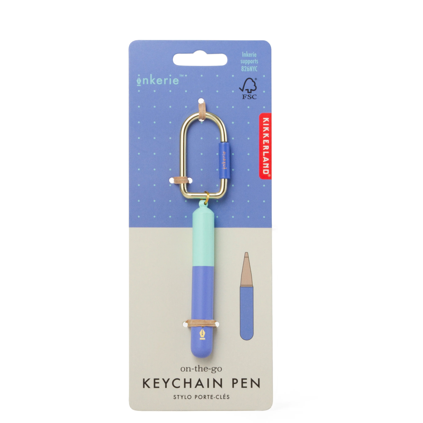 Keychain pen with packaging featuring 'inkerie' branding on a white background