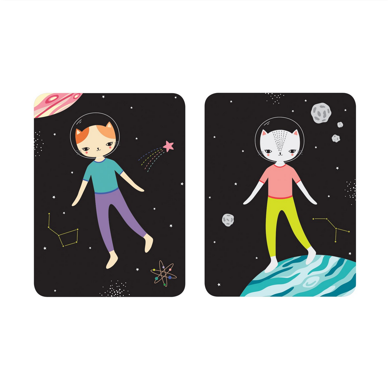Two illustrated cards featuring a person and a cat in space-themed outfits on a black background with celestial elements.