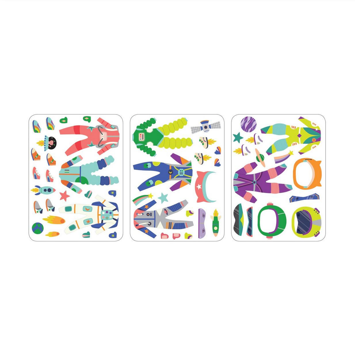 Three sheets of colorful magnets featuring various designs on a white background.