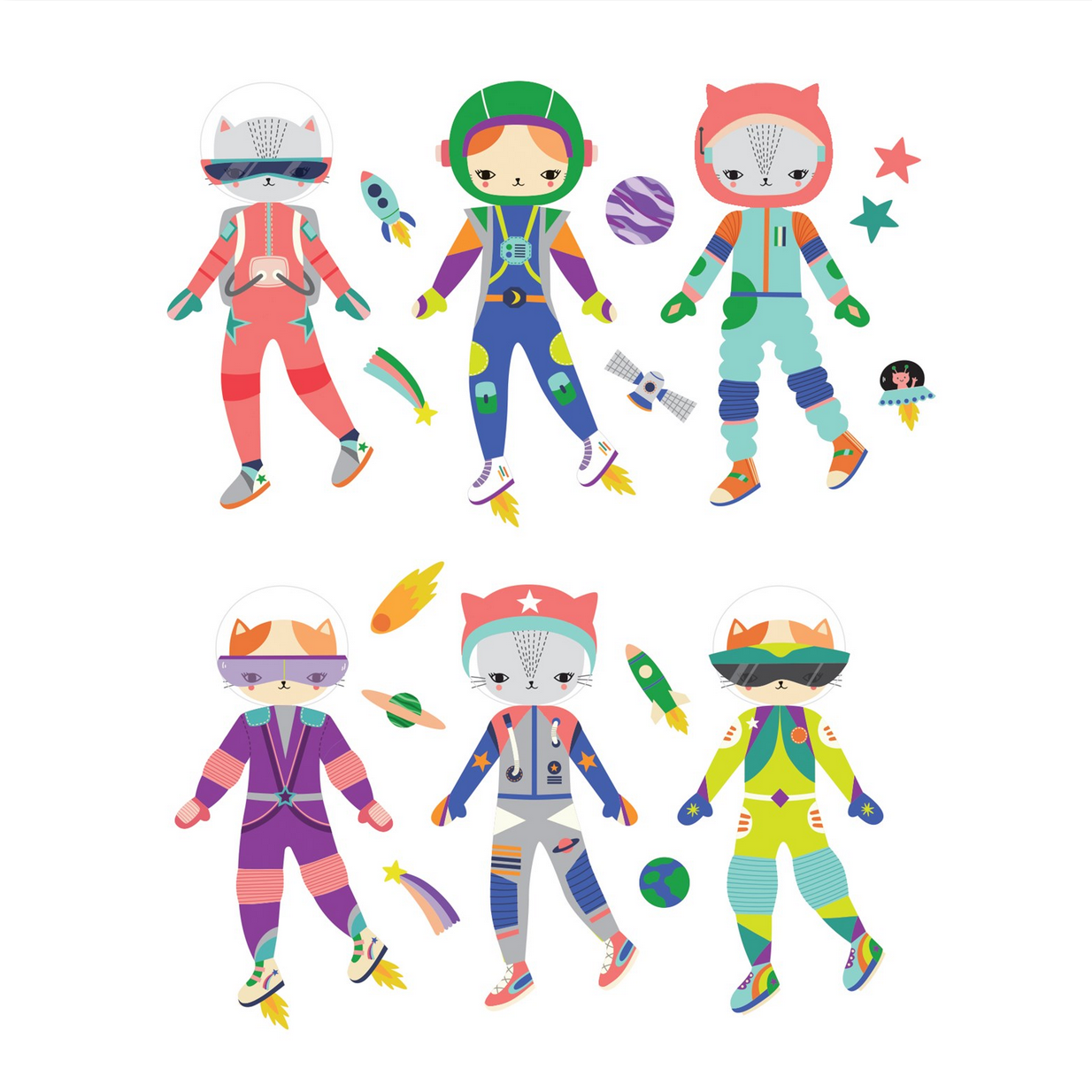 Illustrations of children in colorful space suits on a white background
