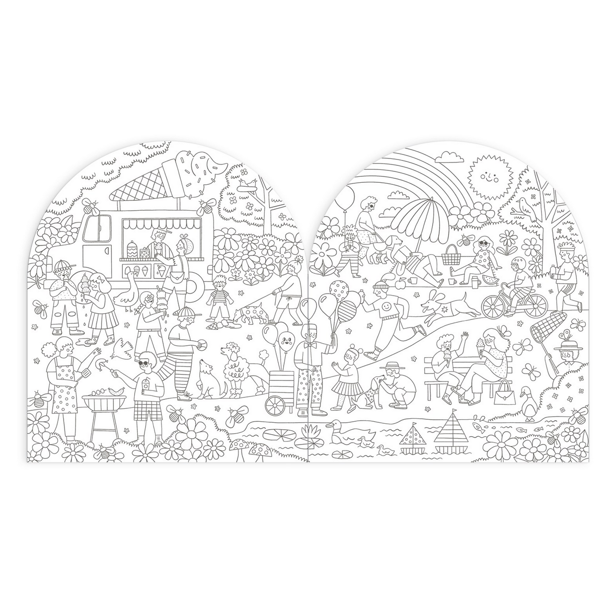 Illustration of a village scene with people and activities, framed like a window.