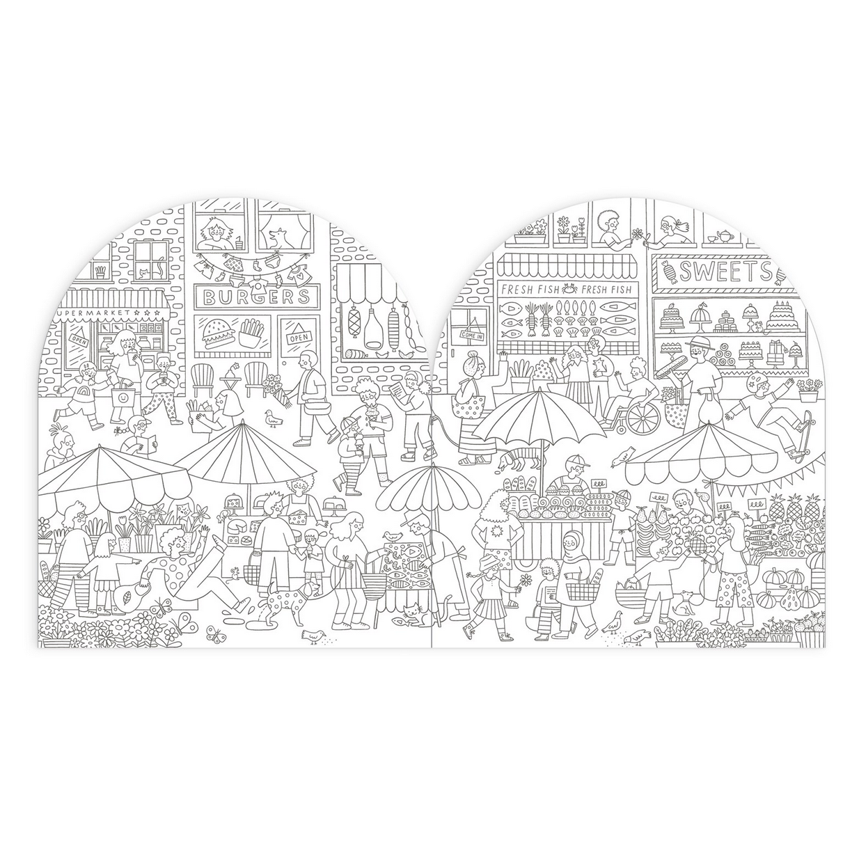 Illustration of a bustling street scene with people, shops, and food stalls.
