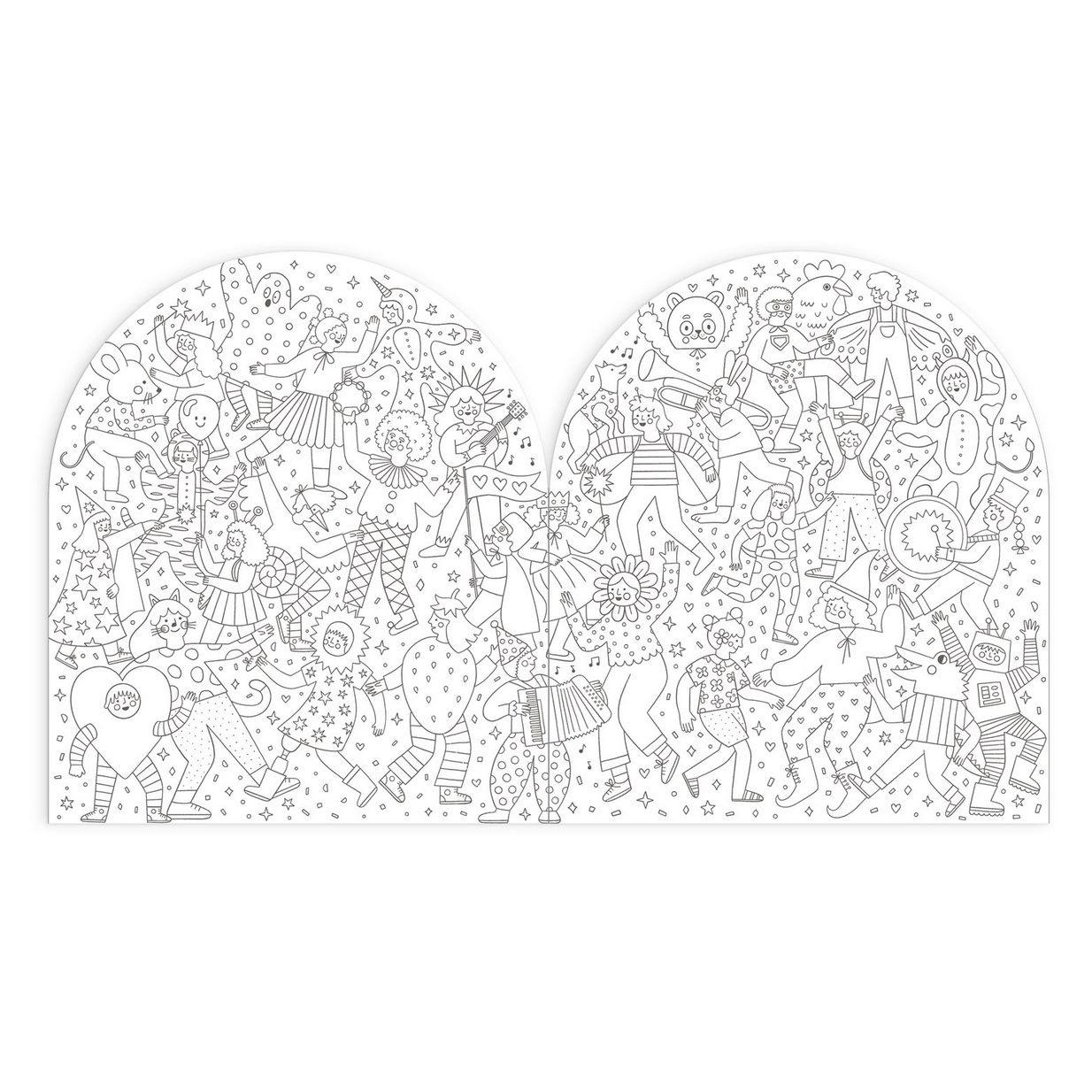 Coloring page with circus-themed illustrations on a white background