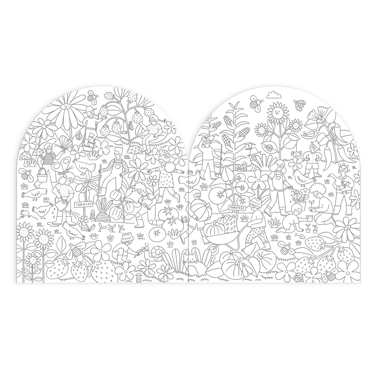 Two arch-shaped coloring pages with intricate line art on a white background