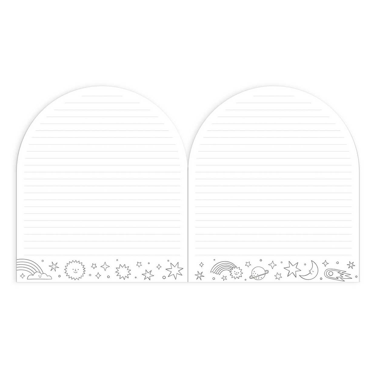 Two arch-shaped designs with celestial symbols on a white background
