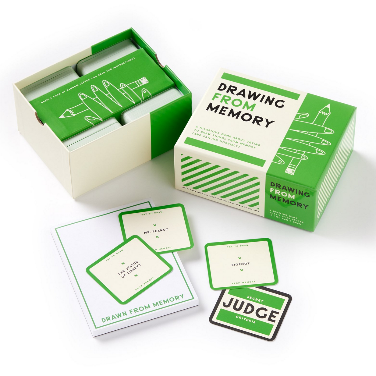 Card game set titled 'Drawing from Memory' with cards and packaging on a white background