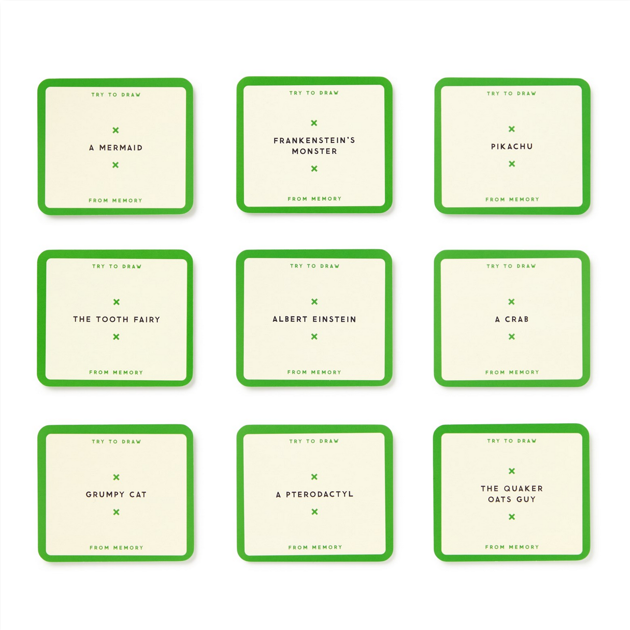 Set of 9 square cards with green borders and text on a white background