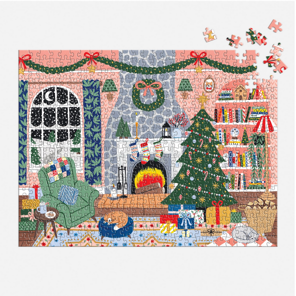Christmas-themed puzzle with a living room scene, tree, and presents.