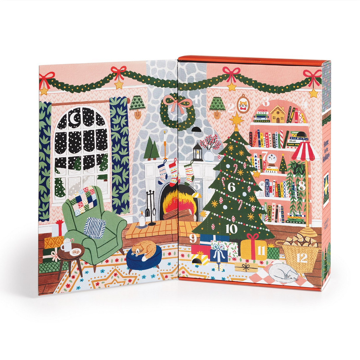 Advent calendar with festive illustrations of a living room and Christmas tree.