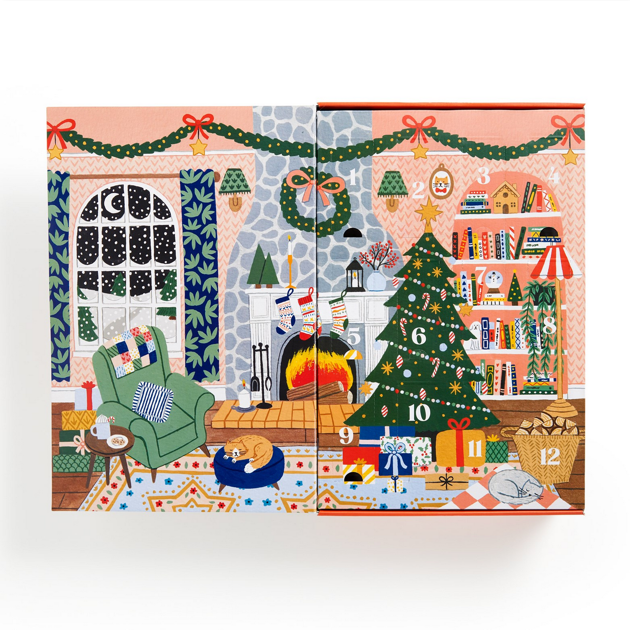 Advent calendar with festive scenes including a tree, fireplace, and books.