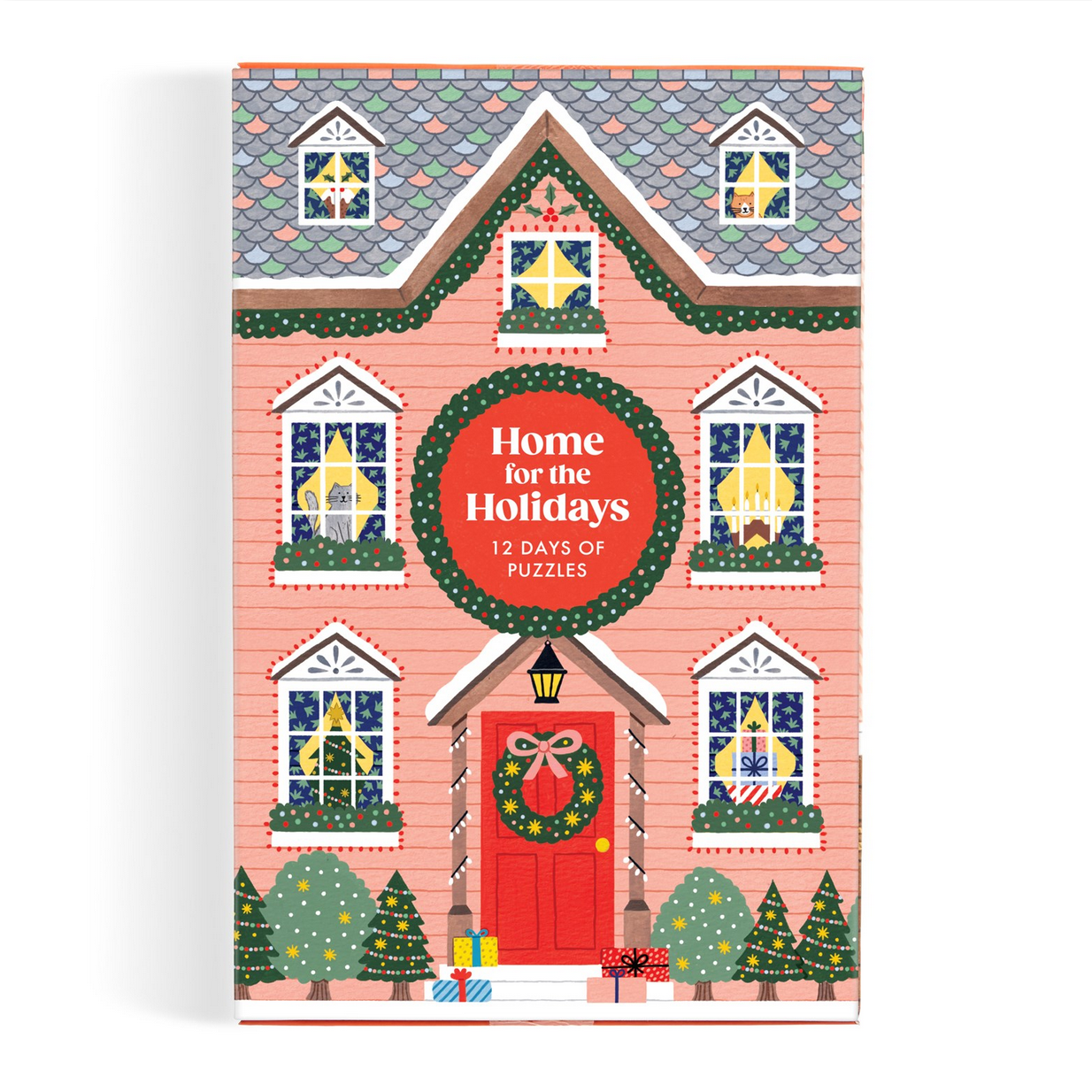 Book cover of 'Home for the Holidays' with a festive house illustration on a white background