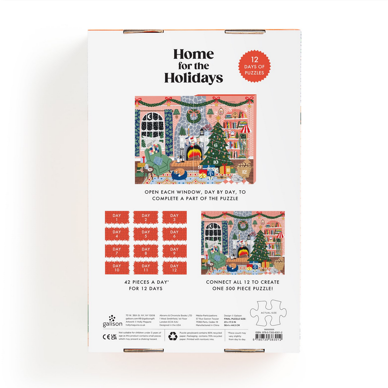 Puzzle box packaging for 'Home for the Holidays' puzzle with festive illustrations and text.