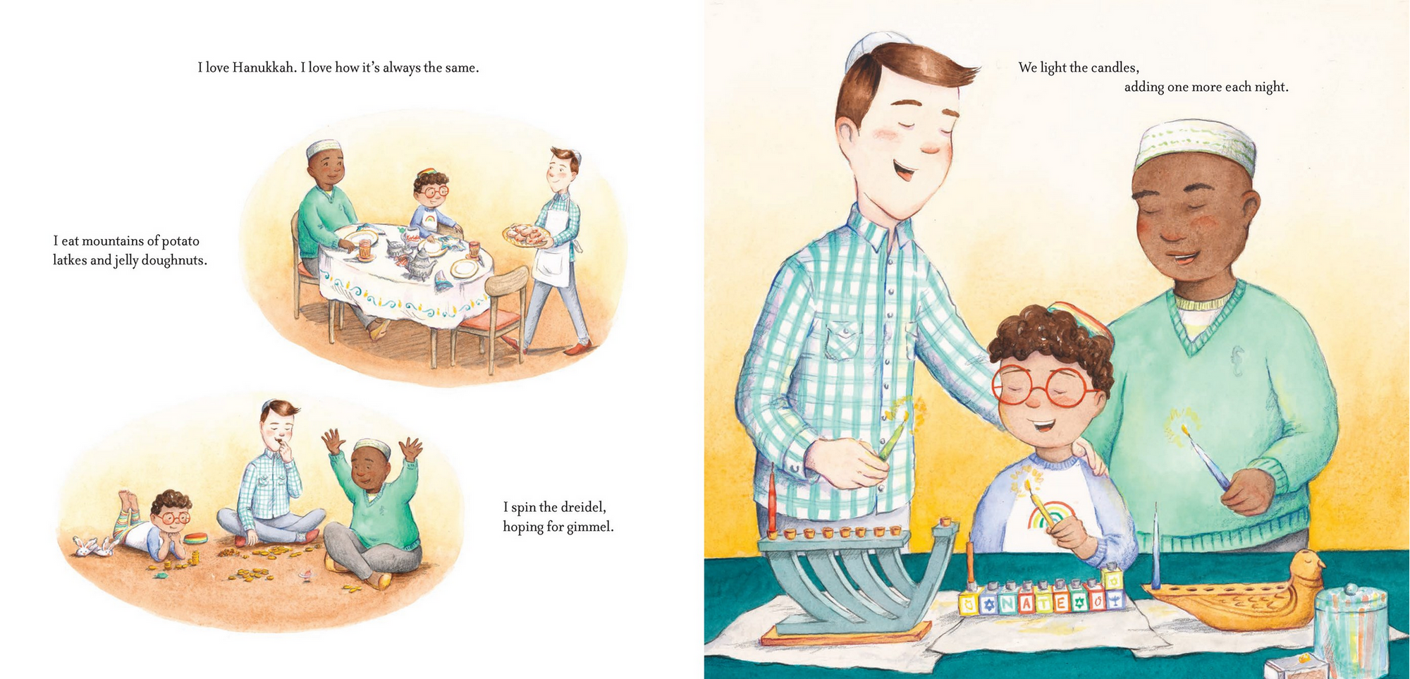 Illustrated page from a children's book showing a family celebrating Ramadan.
