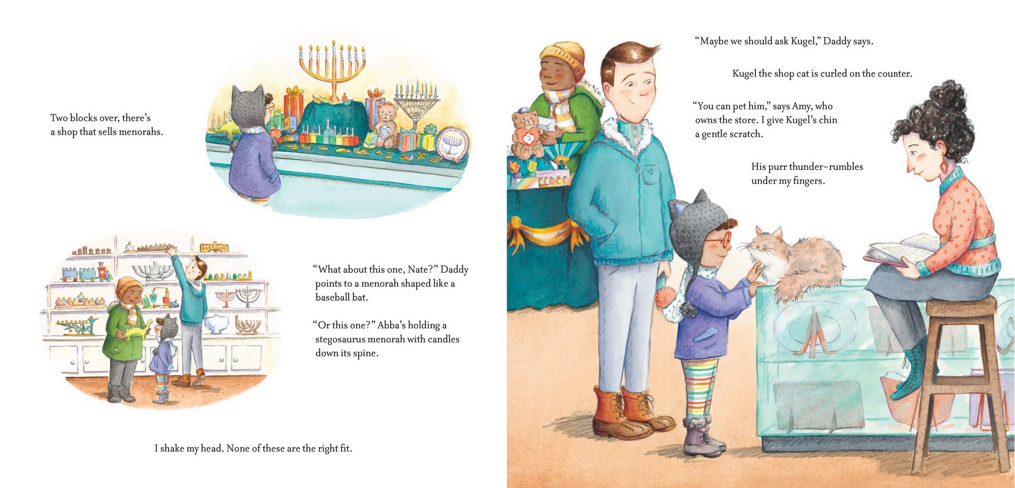 Illustrated book page with family scenes, including a menorah and a baby in a crib.