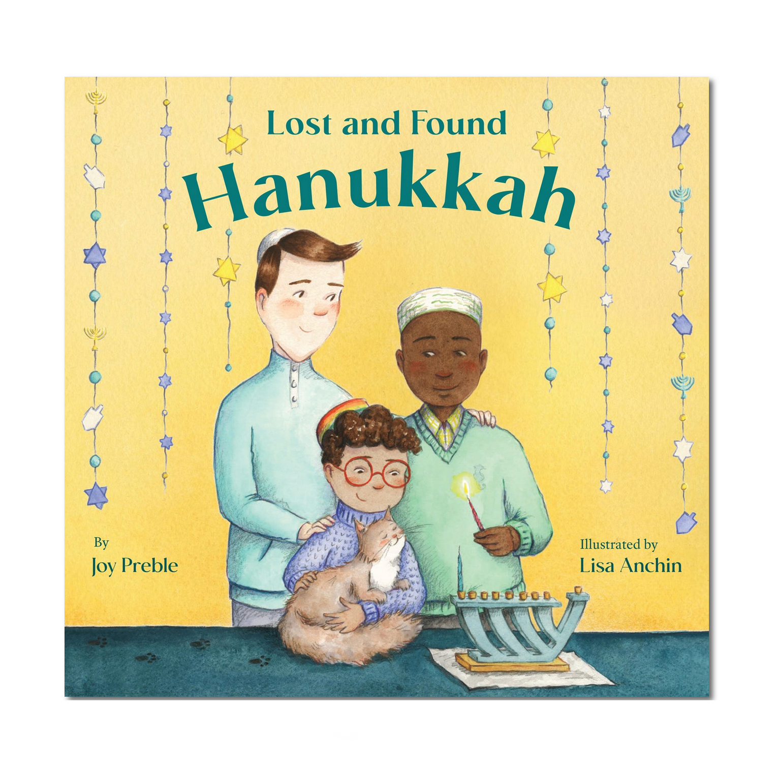 Book cover of 'Lost and Found Hanukkah' with three children and a menorah on a yellow background.