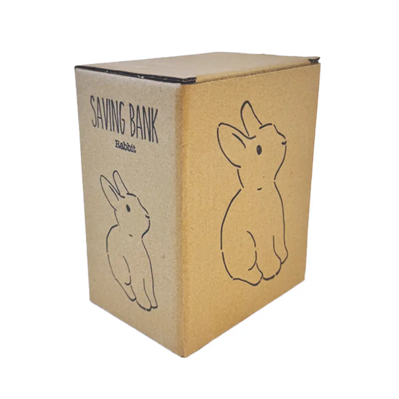 Cardboard saving bank with rabbit design on a white background