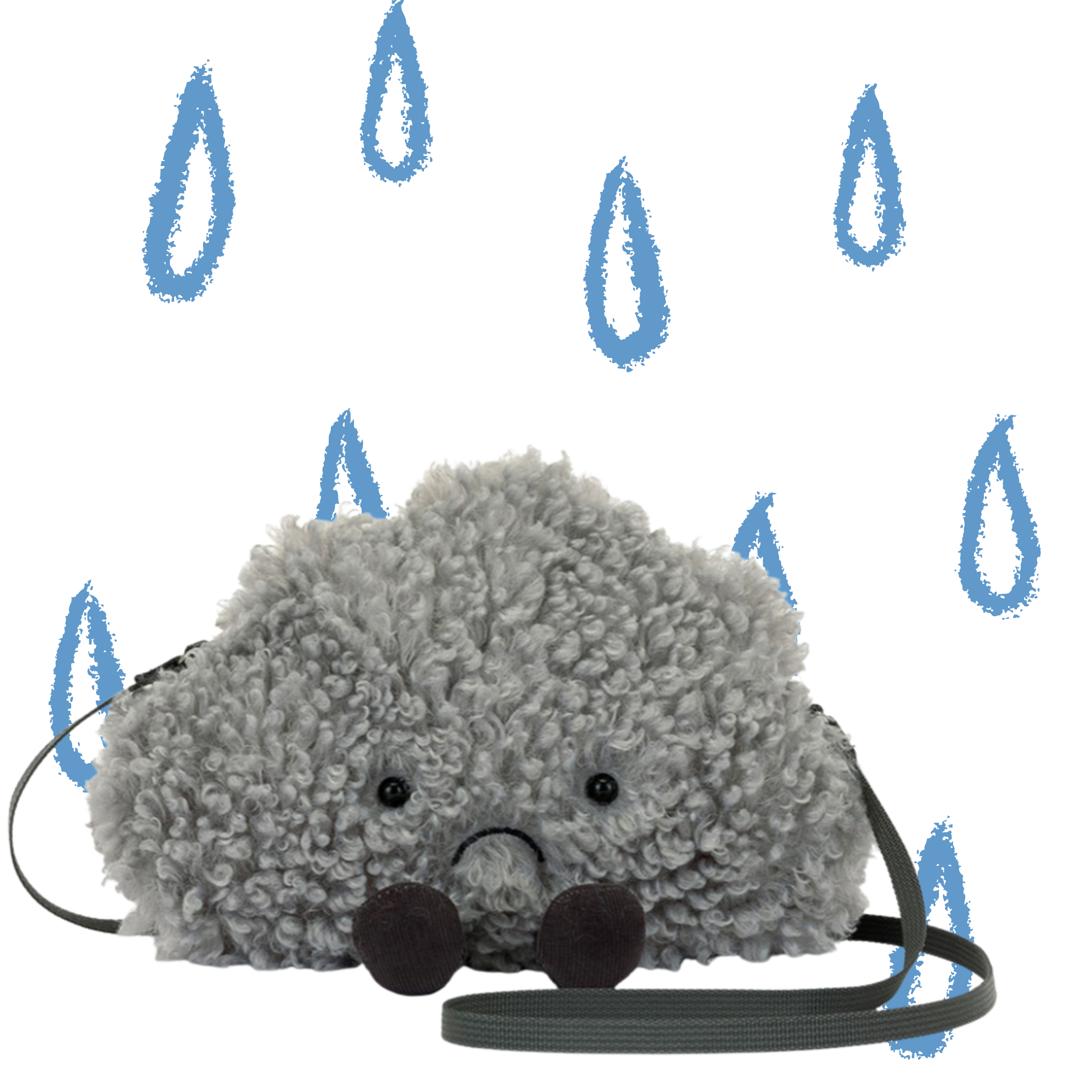 Plush cloud purse with a strap on a white background with blue raindrop graphics.