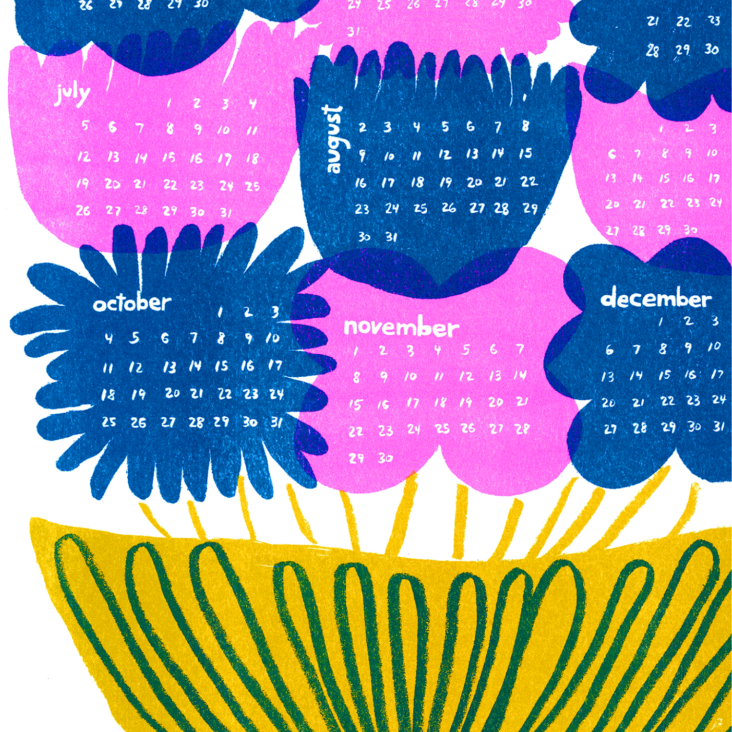 Calendar with blue flowers and a yellow vase on a white background