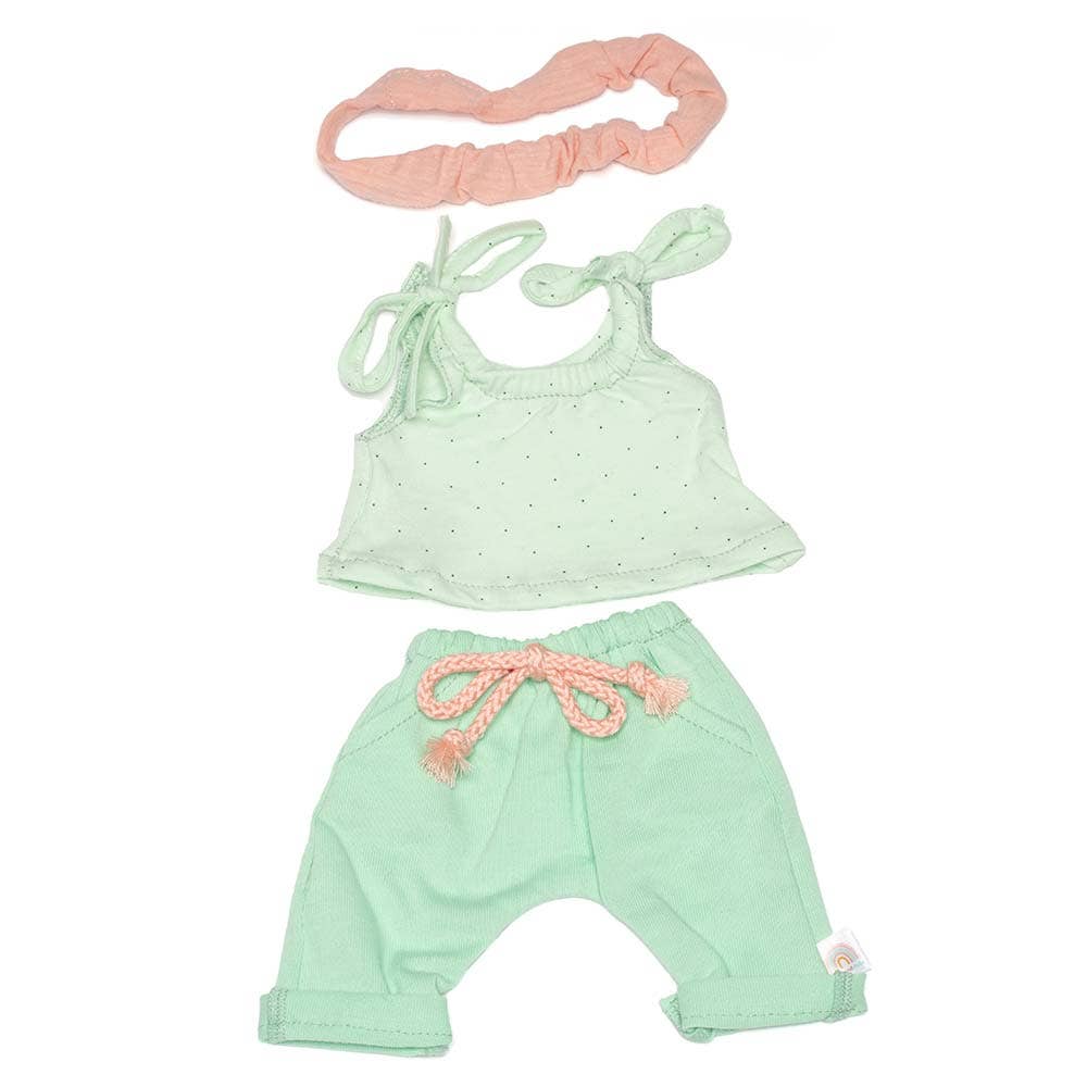 doll outfit set with green top and pants with pink accents, and matching headband on a white background.