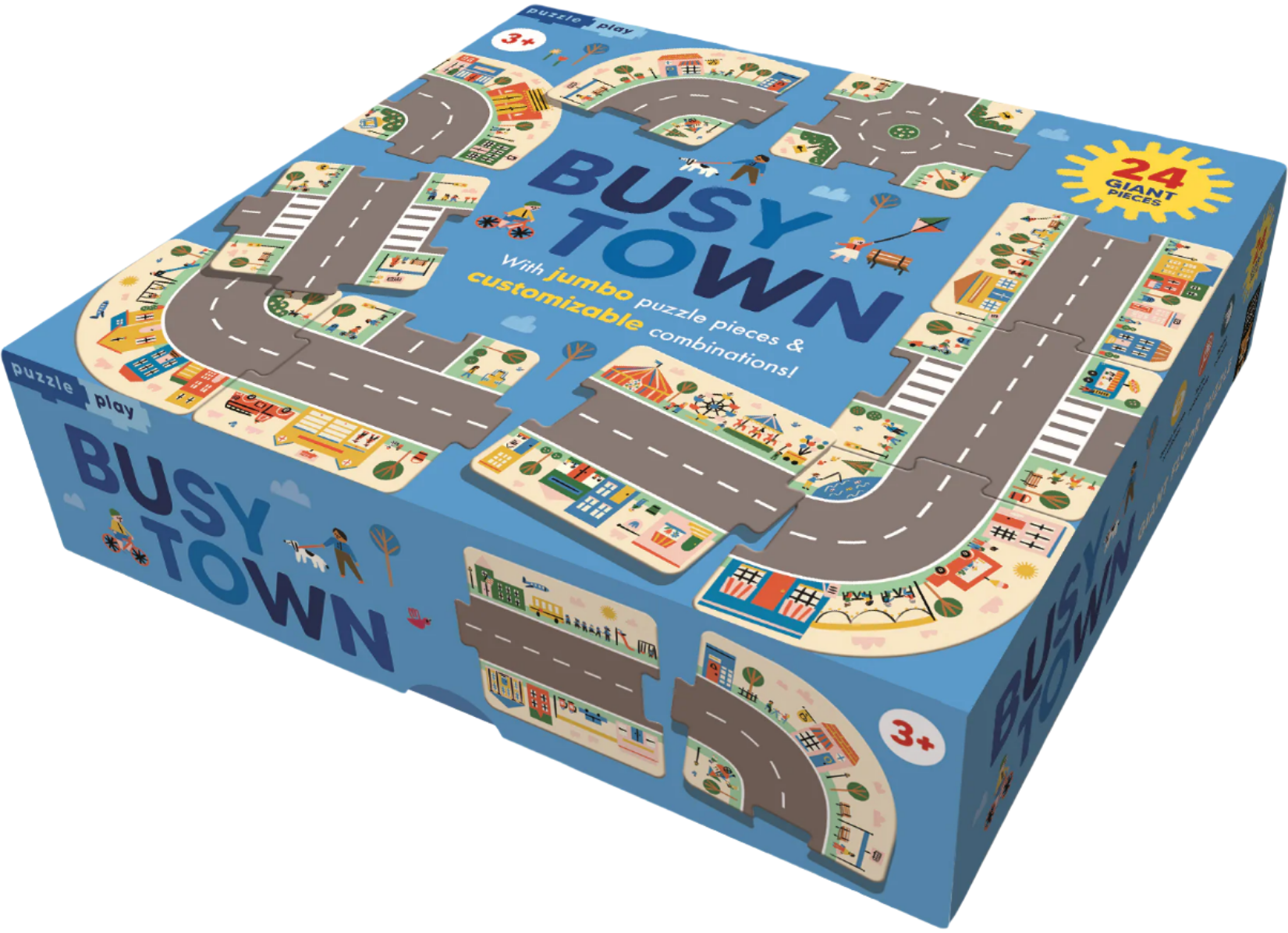 Box of Busy Town puzzle with roads and buildings on a blue background