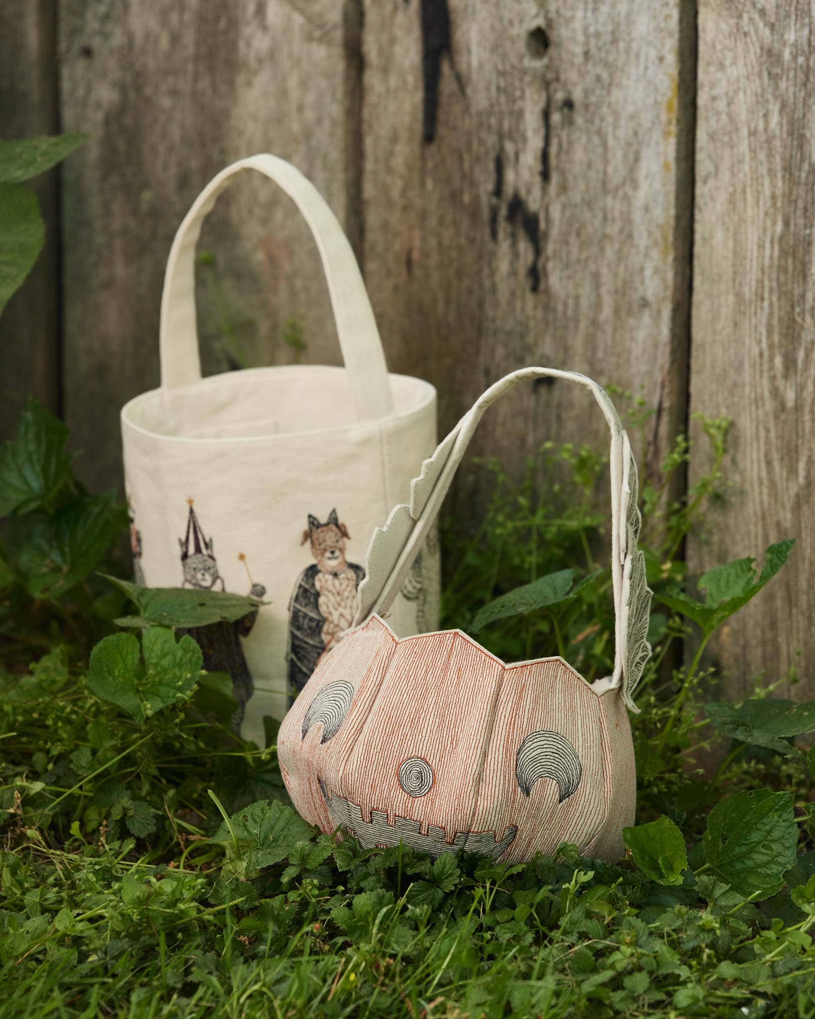 Two small bags, one with a cat design and the other with a monster design, on grass.