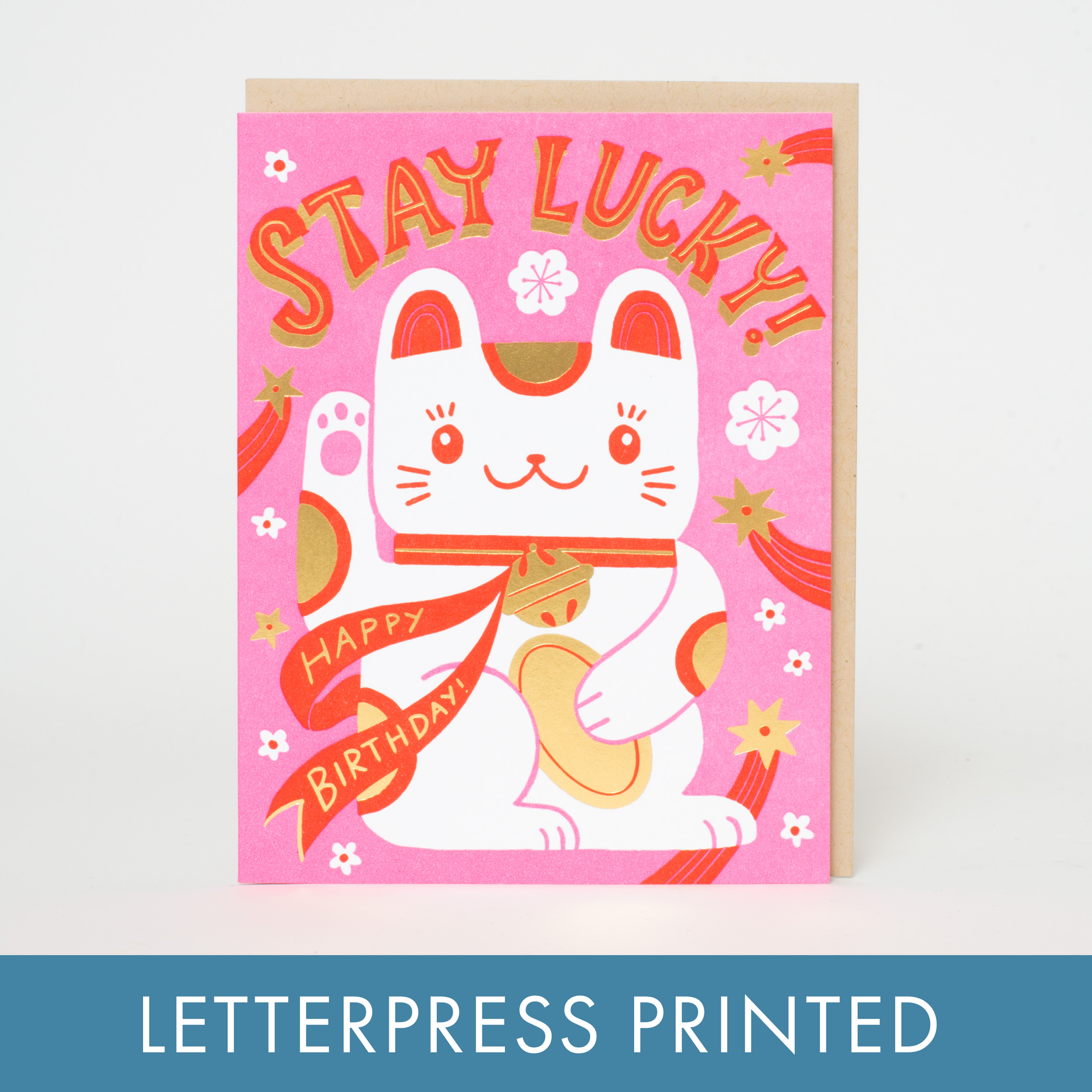 Stay Lucky Cat Letterpress Card