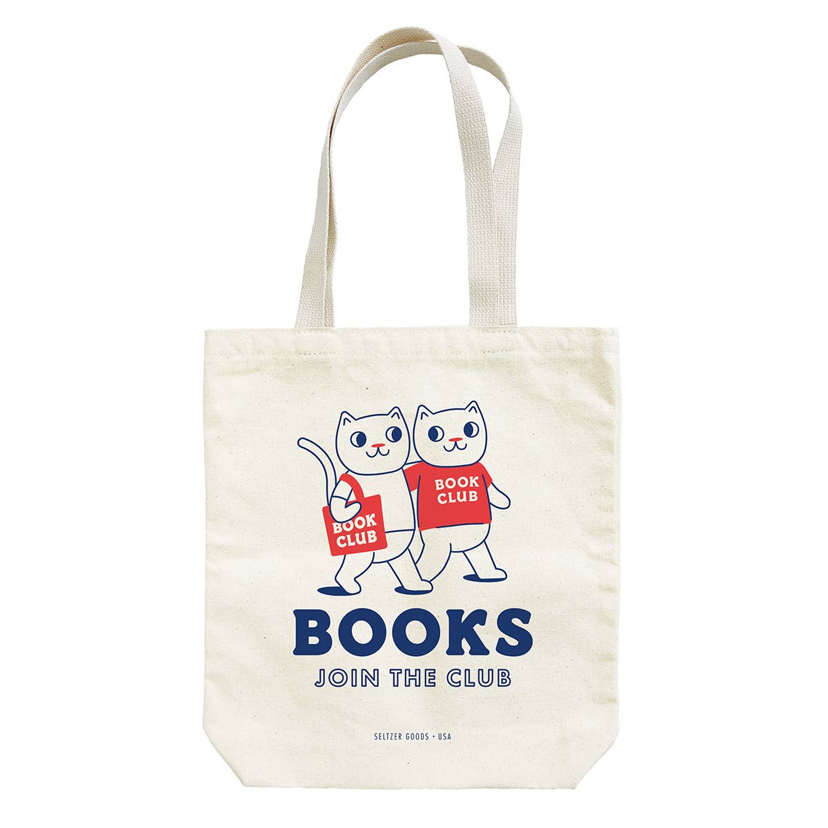 Tote bag with cartoon cats and 'Books Join the Club' text on a white background