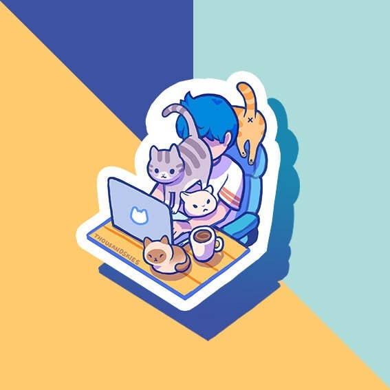 Illustration of a person with blue hair using a laptop, surrounded by cats on a yellow and blue background.