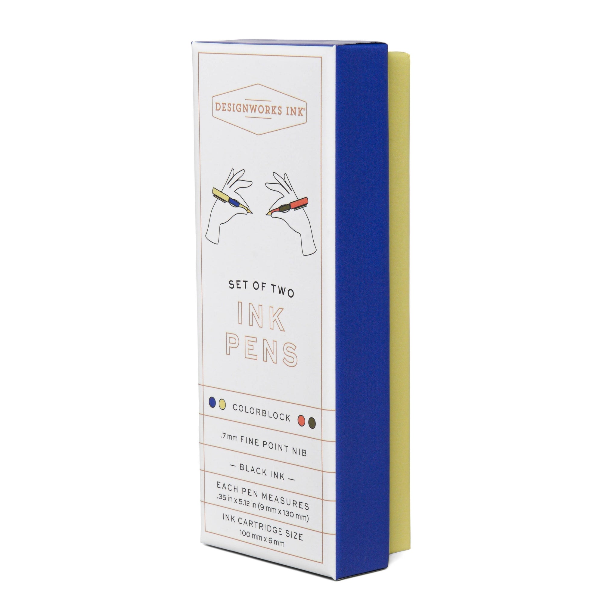 Box of two ink pens with blue and yellow design on a white background