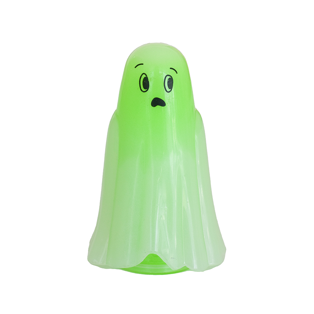 Green ghost toy with a surprised expression on a white background