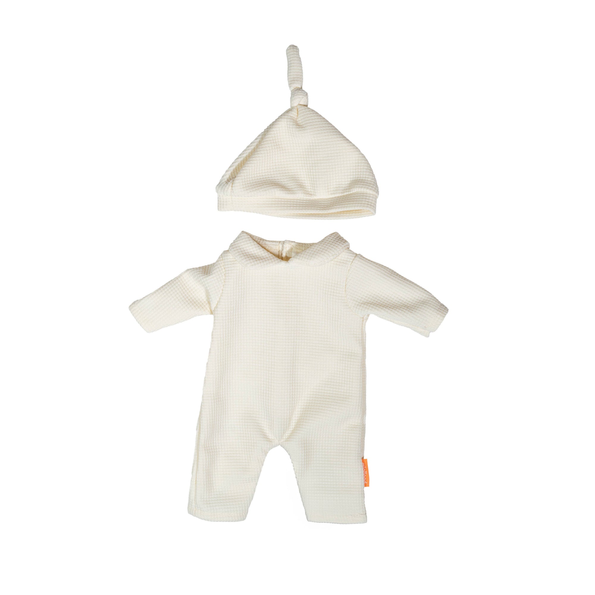 Doll romper and hat set on a white background