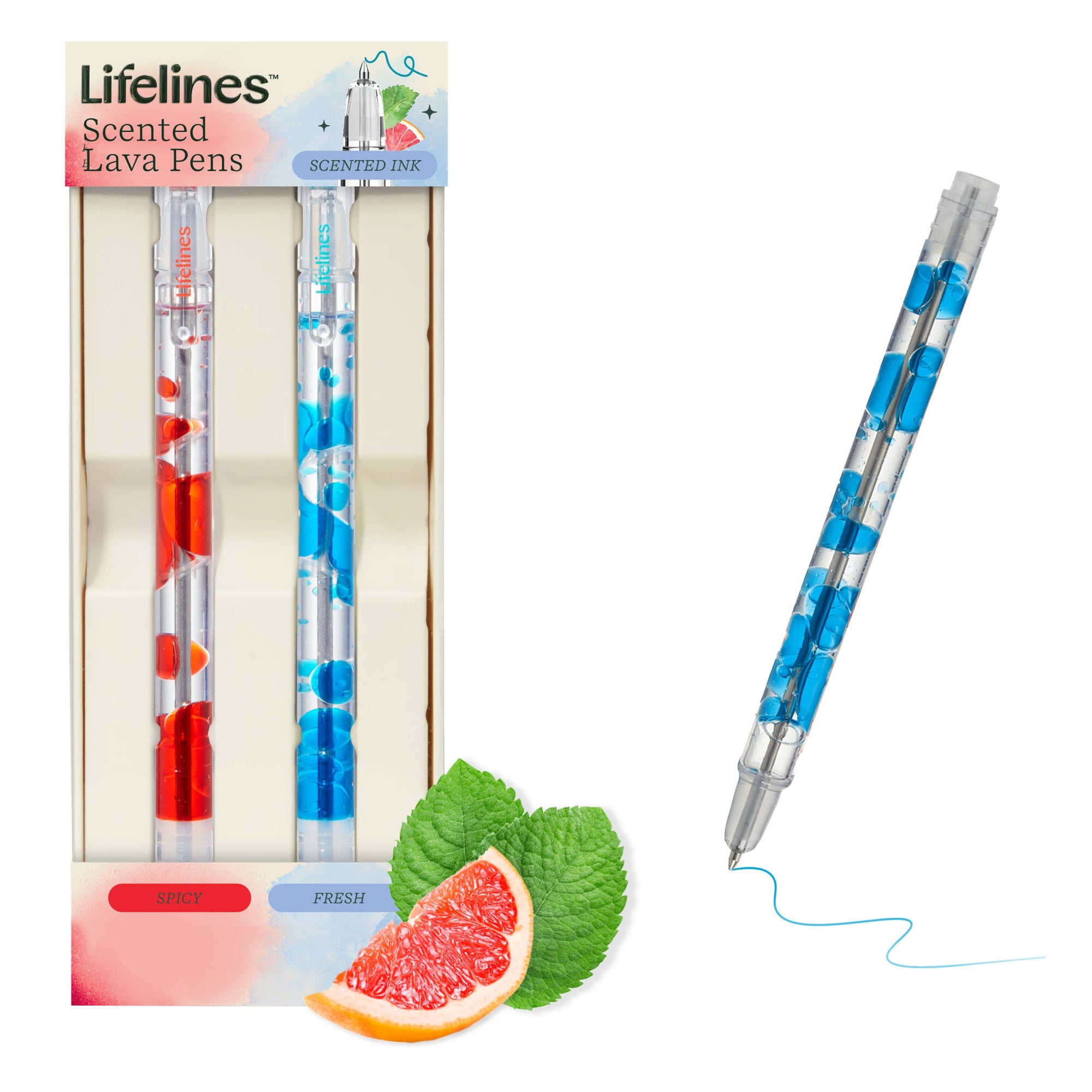 Scented lava pens with packaging, grapefruit, and mint leaves on a white background