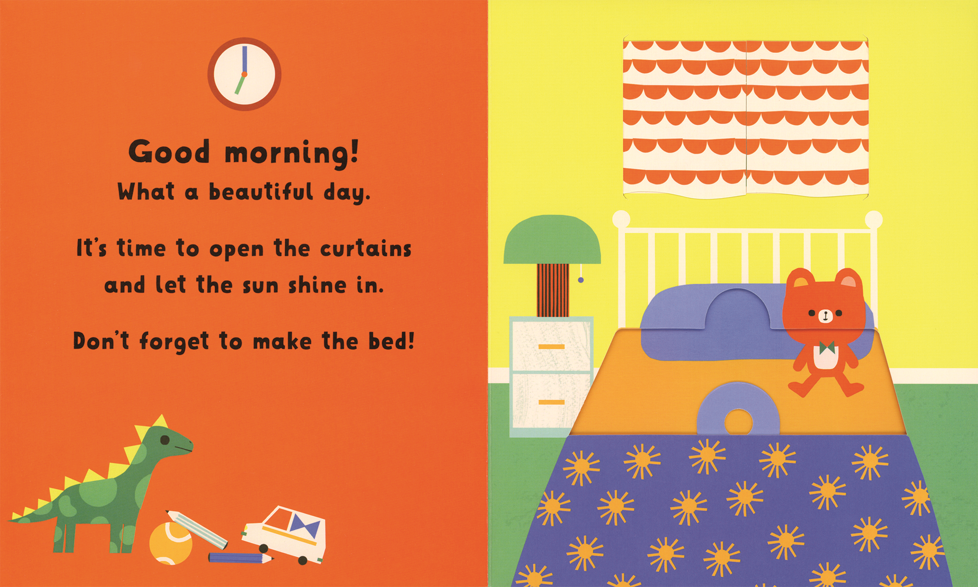 Illustration of a children's bedroom with a dinosaur, teddy bear, and text about a beautiful day.
