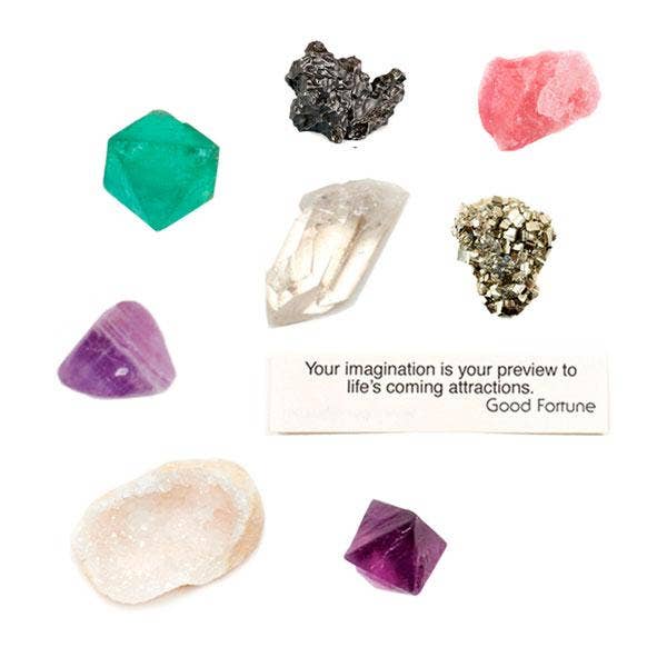 Collection of various crystals on a white background with a motivational quote.