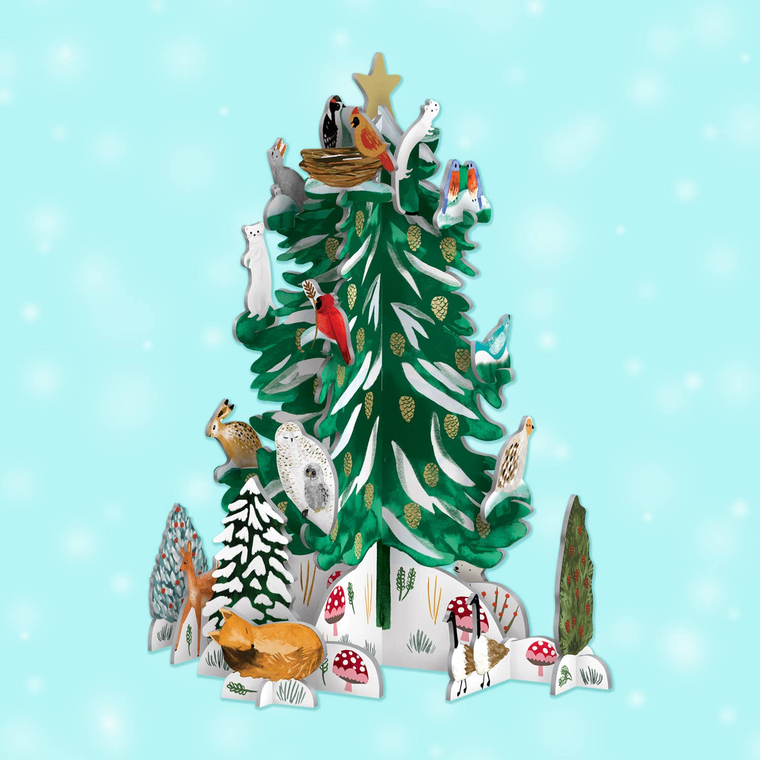 Decorative Christmas tree with animal figures on a light blue background