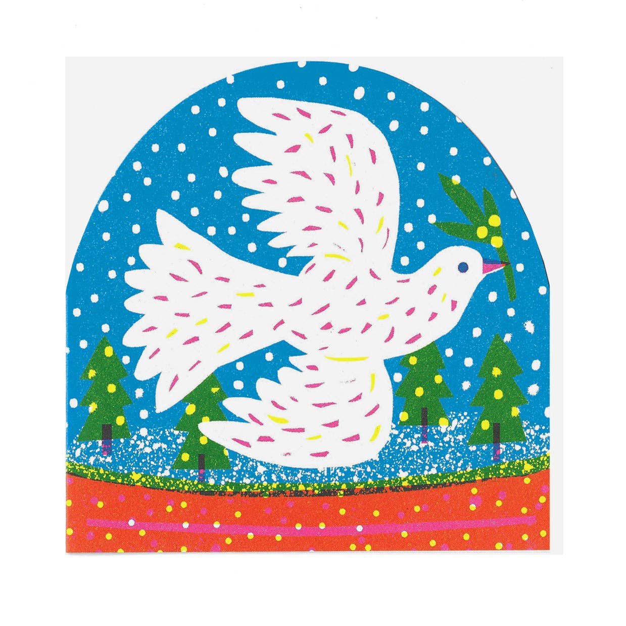 Colorful illustration of a dove holding an olive branch against a snowy landscape with trees.