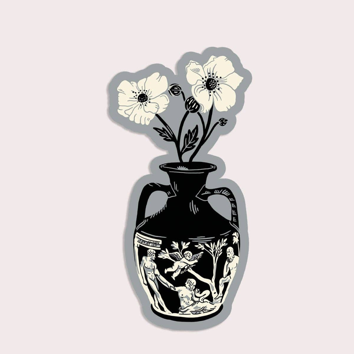 Decorative black vase with white floral design on a light gray background