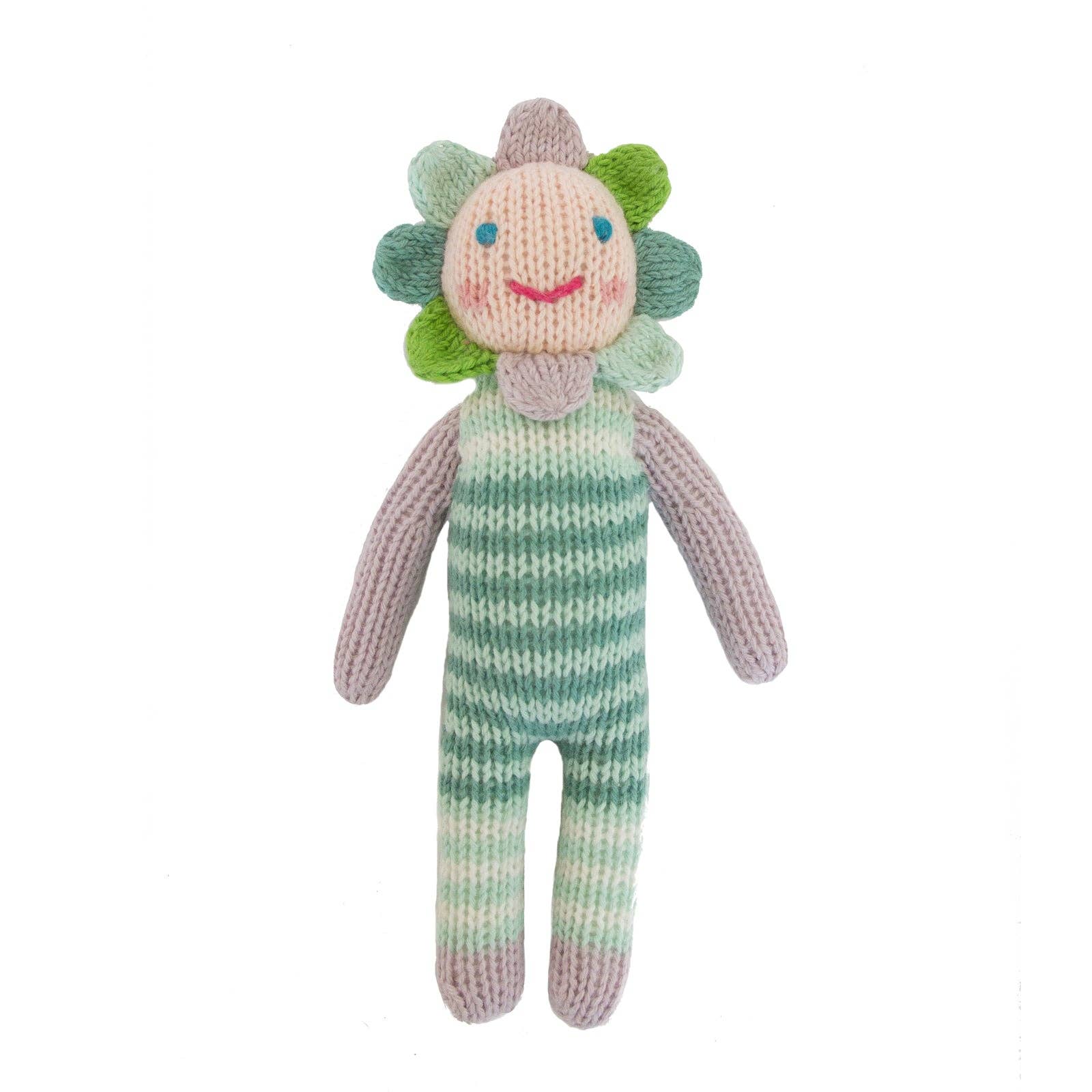 Knitted toy with a floral design on a white background