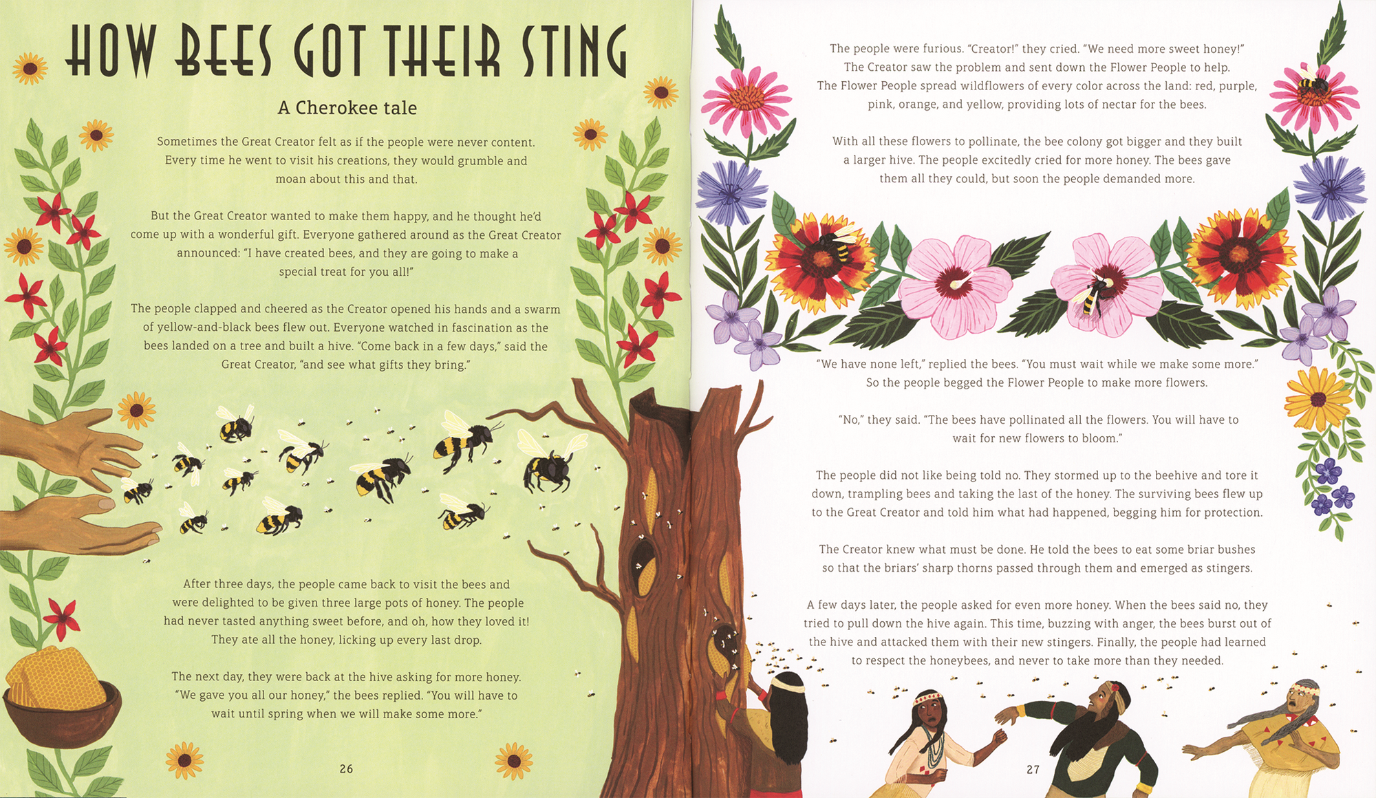 Illustrated book page with bees, flowers, and people around a tree