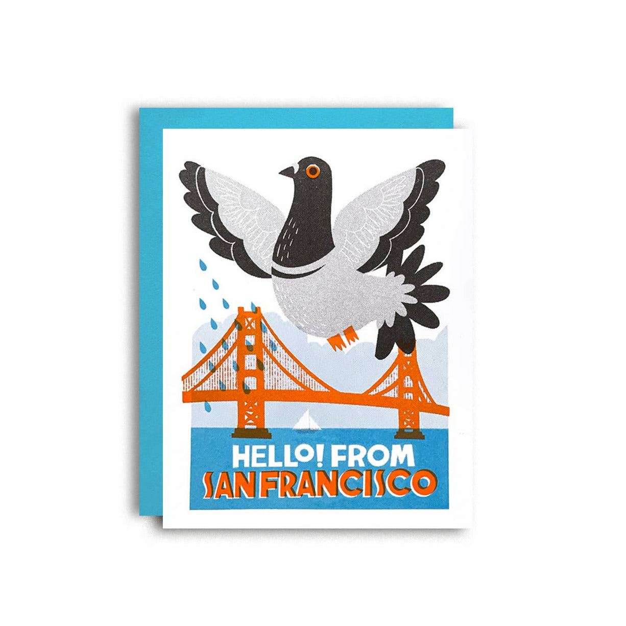 Card with a pigeon and Golden Gate Bridge illustration, featuring 'Hello! From San Francisco' text.