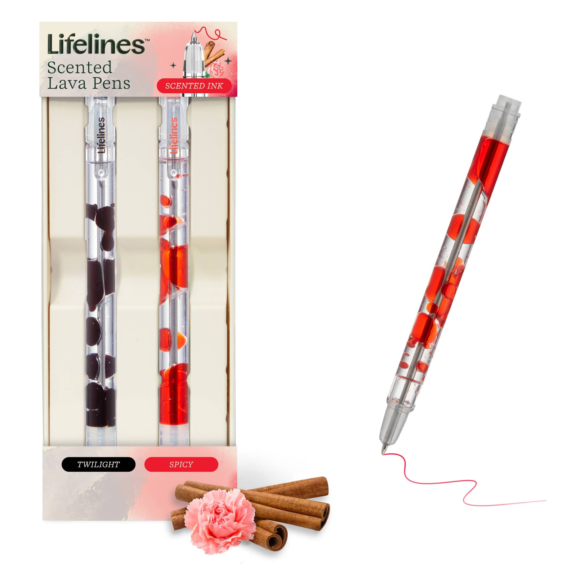 Lifelines scented lava pens with packaging and additional candles on a white background