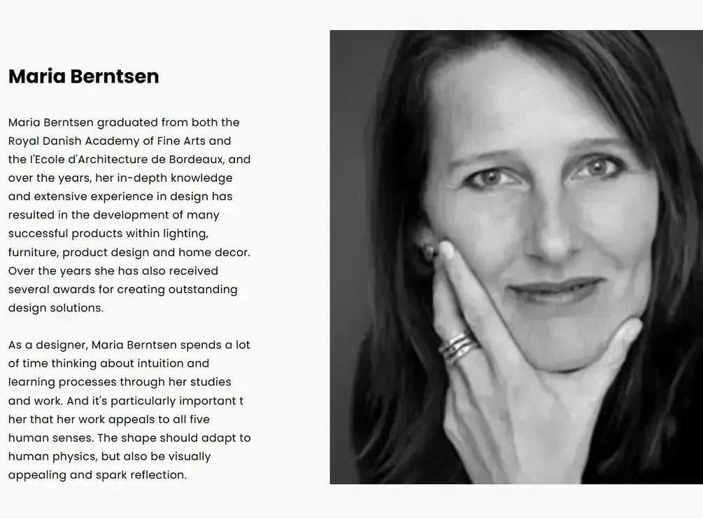 Black and white portrait of a woman with text about Maria Berntsen on a white background