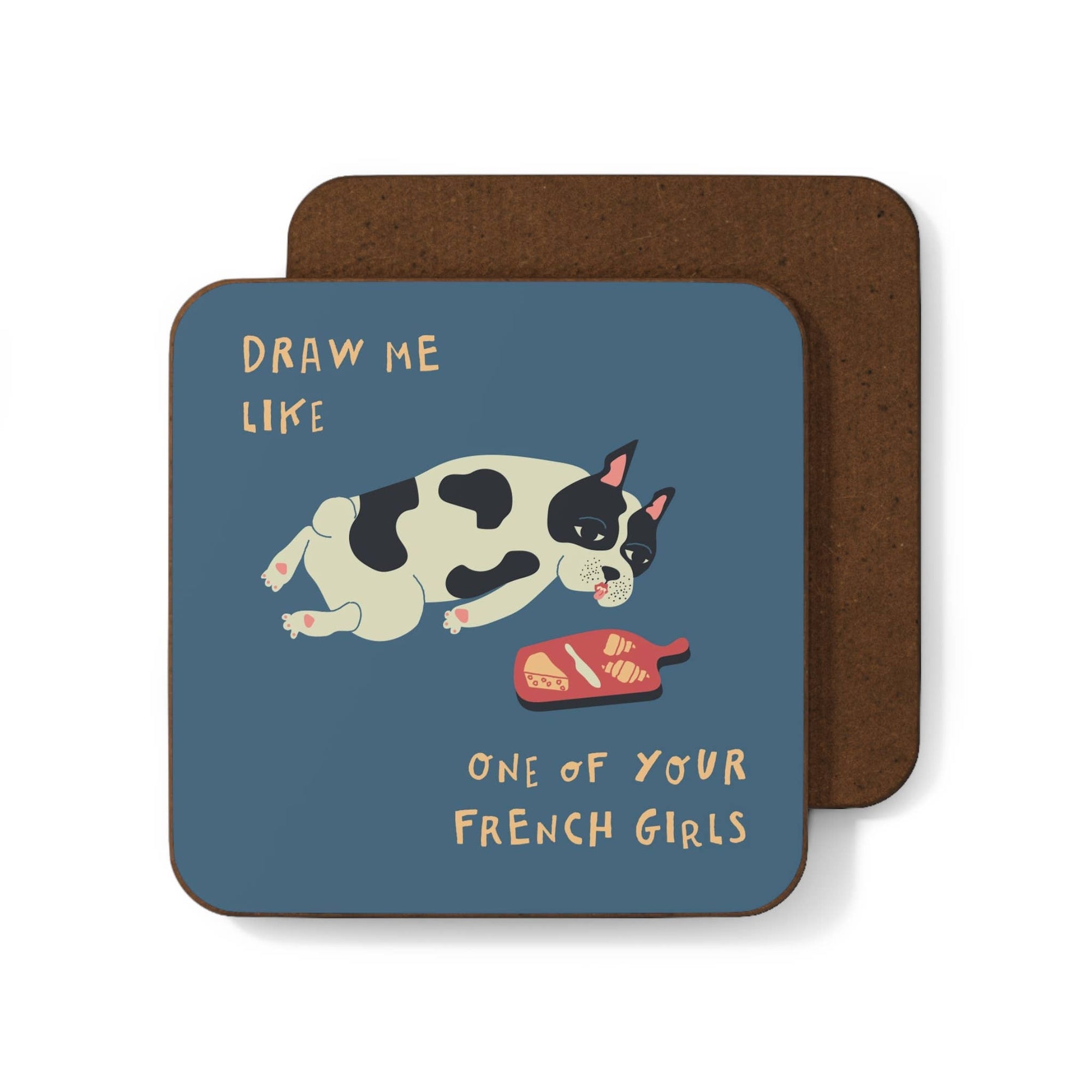 Coaster with a dog illustration and text on a blue background
