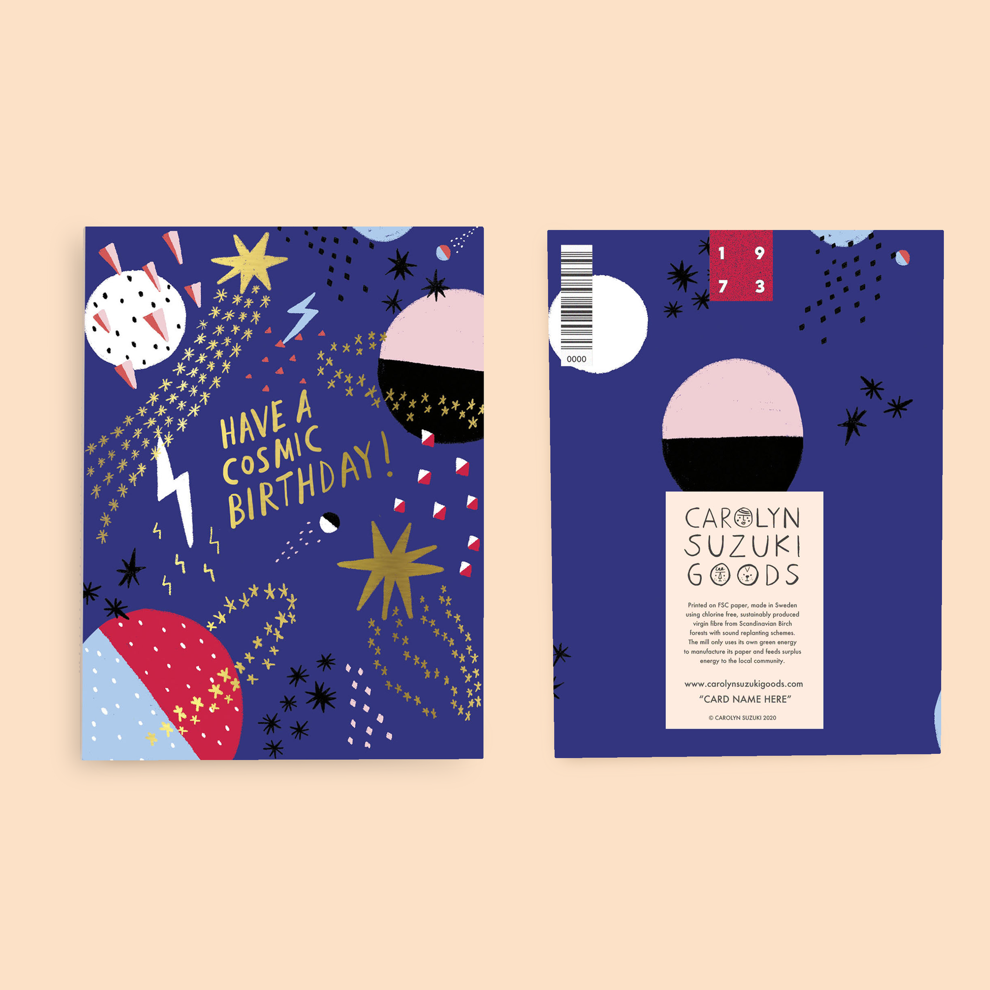 Two cosmic-themed greeting cards with starry night design and 'Carolyn Suzuki Goods' branding.