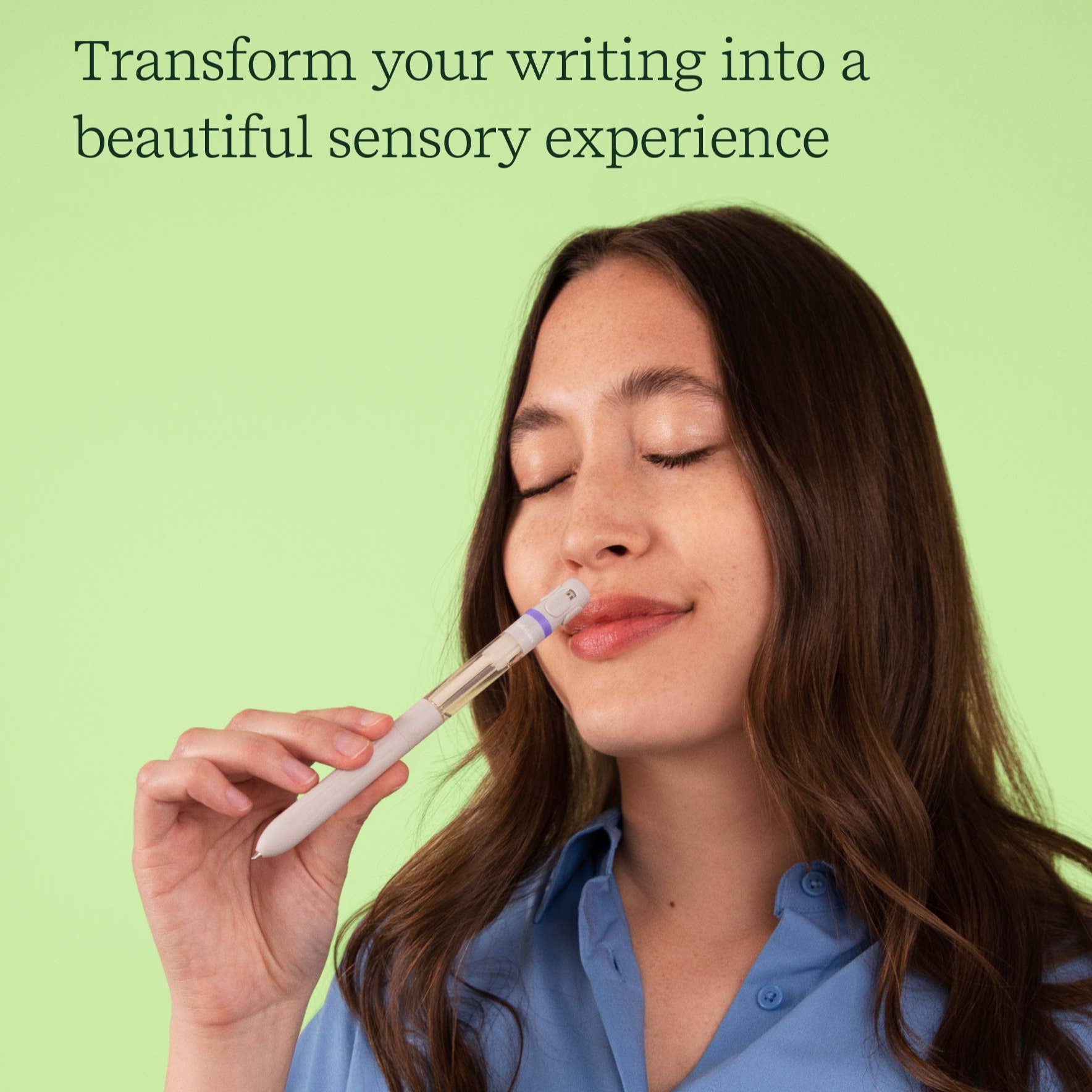 Woman holding a pen with a green background and text about writing experiences.