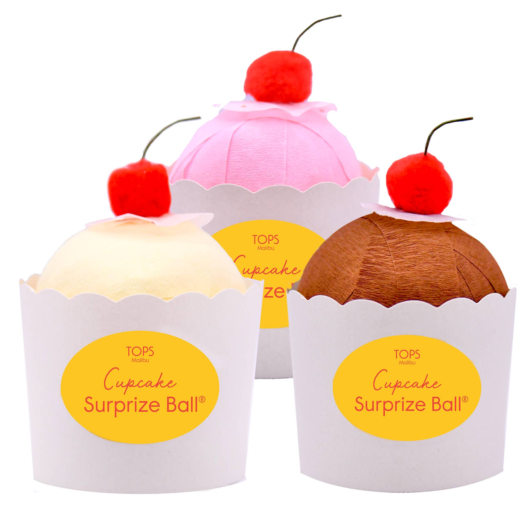 Three cupcake-shaped surprise balls with colorful tops and red cherries on a white background.