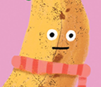 Animated character with a textured yellow body, striped red and pink scarf, and wide eyes on a pink background