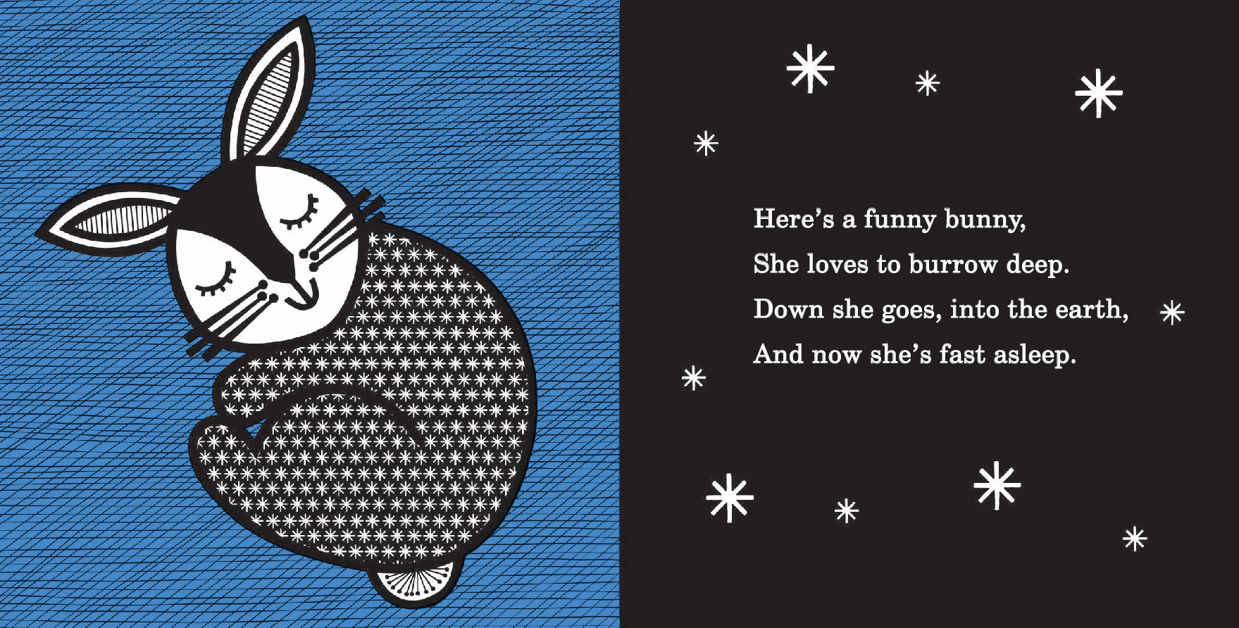 Illustration of a bunny sleeping with text on a blue and black background